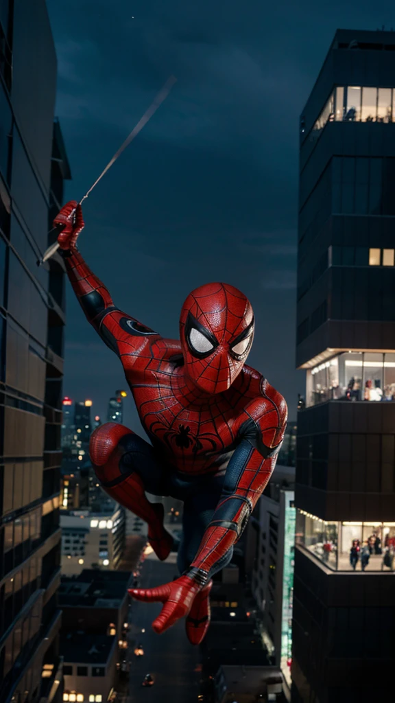 A 3 year old Spider Man boy without a head covering is flying through buildings , background of buildings at night, real photo, professional photo, realistic photo, clear photo, full HD, 4k