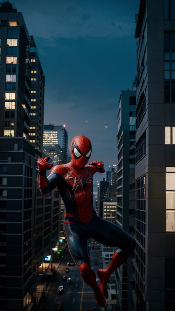 A 3  Spider Man boy without a head covering is flying through buildings , background of buildings at night, real photo, professional photo, realistic photo, clear photo, full HD, 4k 