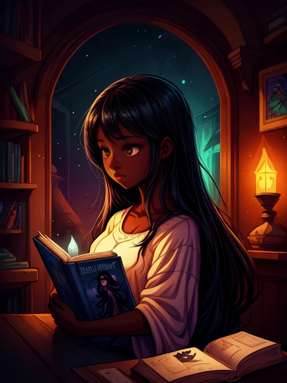 A beautiful girl with dark skin and long black hair, a cute semi-transparent ghost, children's book style, graphic novel concept art, raw style, ultra-detailed, masterpiece, 8k, high quality, vivid colors, soft lighting, warm tones, magical realism