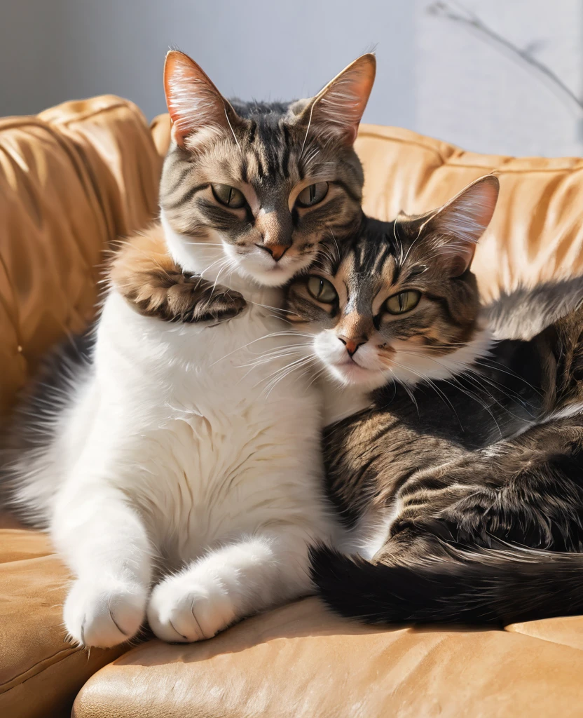 Two male and female cats loving each other lying on the couch.