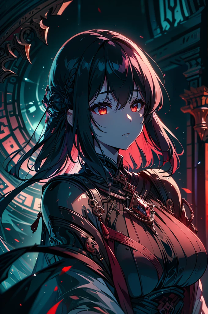 A luminous, enigmatic eldritch vampire, every brushstroke exudes an otherworldly allure: ethereal shimmering skin, cascading inky black hair, and piercing crimson eyes that seem to glow from within the painting. The watercolor image captures the essence of the vampire's supernatural beauty, with a haunting yet mesmerizing quality that draws viewers in. The vivid colors and intricate details showcase the skill of the artist, creating a striking and memorable portrayal of this mythical creature.