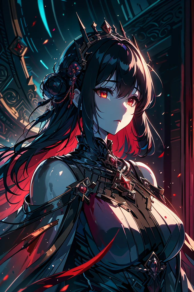 A luminous, enigmatic eldritch vampire, every brushstroke exudes an otherworldly allure: ethereal shimmering skin, cascading inky black hair, and piercing crimson eyes that seem to glow from within the painting. The watercolor image captures the essence of the vampire's supernatural beauty, with a haunting yet mesmerizing quality that draws viewers in. The vivid colors and intricate details showcase the skill of the artist, creating a striking and memorable portrayal of this mythical creature.