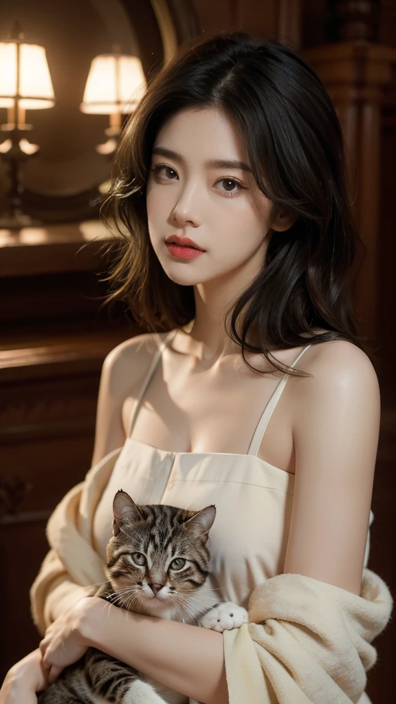 masterpiece, highest quality, Raw foto, photorealistic, smile, beautiful girl with a cat on her arms, cute, Hair up, Depth of the bounds written, High resolution, Super detailed, details, highly detailed eyes and face, mesmerizing black eyes, Realistic pupils, sharp focus, Cinematic lighting, upper part of the body, face on camera, topless, cinematic lighting, dark light, sensual sweat skin, ripe and tight breast, hug a cat on arms, breastfeed a cute cat,