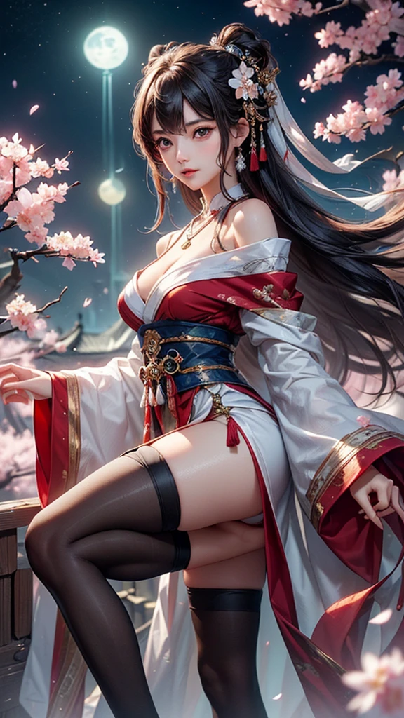 (masterpiece:1.5, Highest quality, Very detailed、 Dutch Angle、Semi-realistic、Fantasy)(One Girl, alone)(Silver Hair:1.6,,Straight Long Hair)(Wearing Han clothes, Royalty、White and red Hanfu:1.5,Thick fabric,Long sleeve)、((Off the shoulder、medium breasts, Beautiful cleavage、ruby ​​necklace))((Above the knee tights))(from side,cherry blossoms、dead tree、Mystical Night、Particles of light float around the woman、Fantasyのためのスペース)
