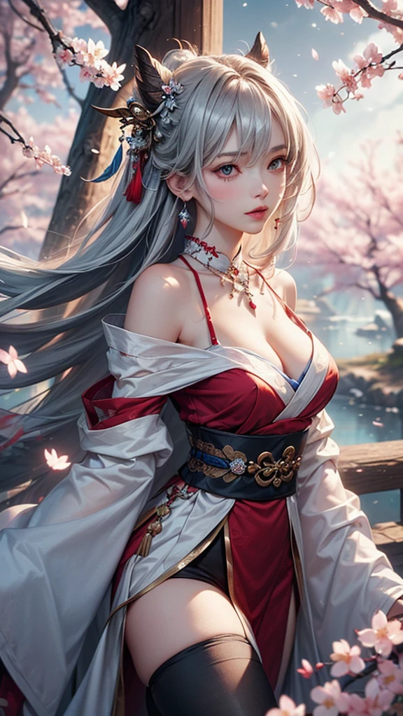 photorealistic, high resolution, 1women, solo, hips up, look at viewer, (detailed face), white hair, long hair,red shiranui_mai_suit, pelvic curtain,hand fan