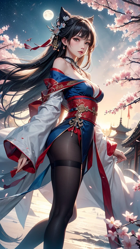 (masterpiece:1.5, Highest quality, Very detailed、 Dutch Angle、Semi-realistic、Fantasy)(One Girl, alone)(Silver Hair:1.6,,Straight Long Hair)(Wearing Han clothes, Royalty、White and red Hanfu:1.5,Thick fabric,Long sleeve)、((Off the shoulder、medium breasts, Beautiful cleavage、ruby ​​necklace))((Above the knee tights))(from side,cherry blossoms、dead tree、Mystical Night、Particles of light float around the woman、Fantasyのためのスペース)
