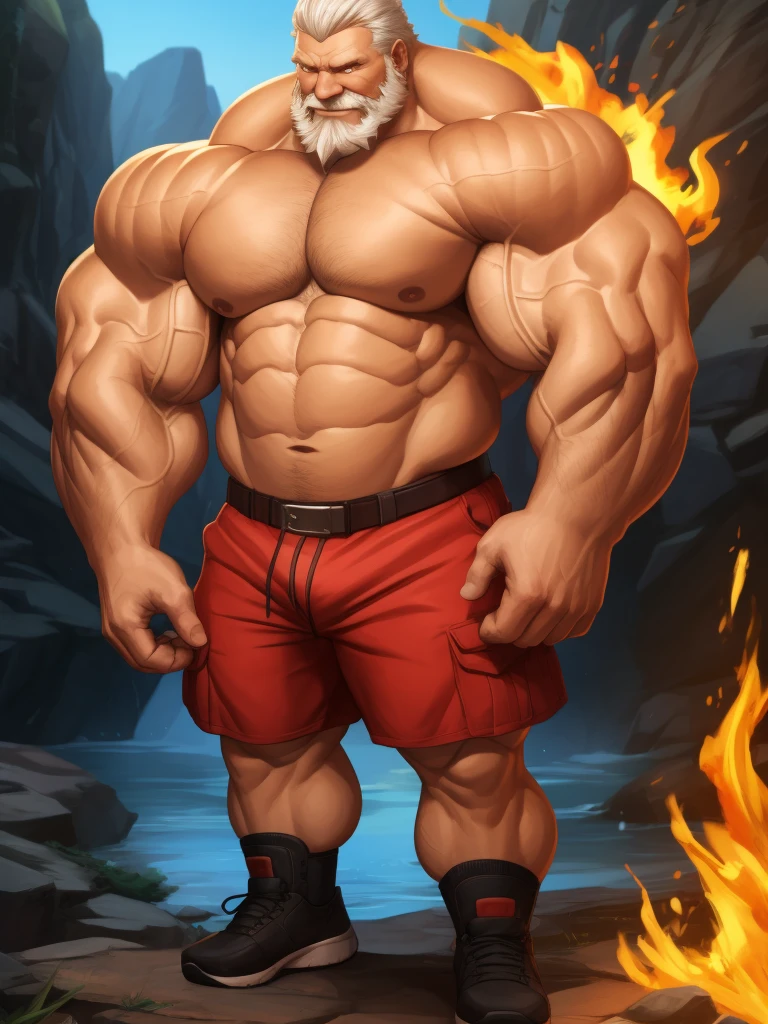 solo, 1boy, perfect anatomy, ground view, wrinkles skin, low shoot, down view, perfect proportional, thick body, thick thighs, big eyes, smile, perfect fingers, big hand, fingers. Huge Muscular Old man with short hair, wearing soldier uniform, shoes ,(red shorts), view from side, pectoral, thick arms, huge pectoral, wide pectoral, white hair, white beards, fire background, VFX fire, masterpiece, semirealistic:1.2, high detailed, 8k, high resolution, perfect center, full view. ((really big muscle, massive muscular, sixpack, thick arms, wide pectoral, super huge muscle, hyper muscular, over sized muscle, huge arms, big arms, huge pectoral))