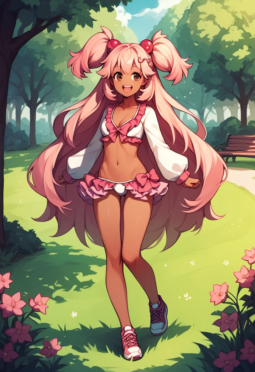 aairis,brown eyes,very long hair,big hair,two side up,hair ornament,dark skin, pink frilled bikini, happy, smiling :D, grass, outdoors, park