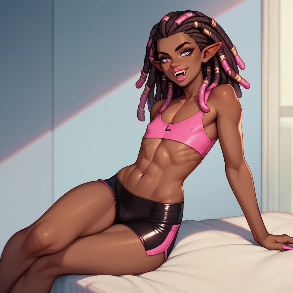 Best quality, highly detailed, ultra detailed, 1 very Dark brown skin boy, chocolate skin, flat chest, male chest, curvy body, long pink dreadlocks, pink dreadlocks, pink eyes, pointy ears on sides, fangs, sharp nails, lipgloss, wearing white croptop, biker shorts, booty, livingroom scene
