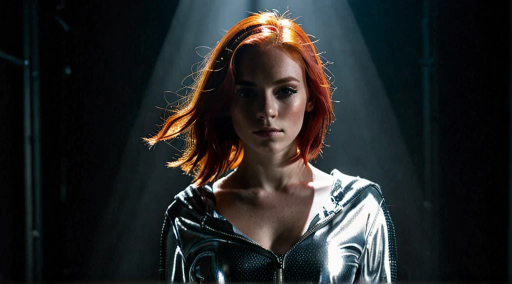 A girl with red hair standing alone in a single spotlight in a dark room. She is posed confidently, with the light highlighting her strength and presence.
Colors: Predominantly dark, with bright white spotlights and slight metallic sheen on her outfit.