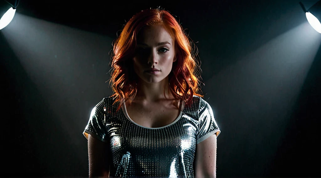 A girl with red hair standing alone in a single spotlight in a dark room. She is posed confidently, with the light highlighting her strength and presence.
Colors: Predominantly dark, with bright white spotlights and slight metallic sheen on her outfit.