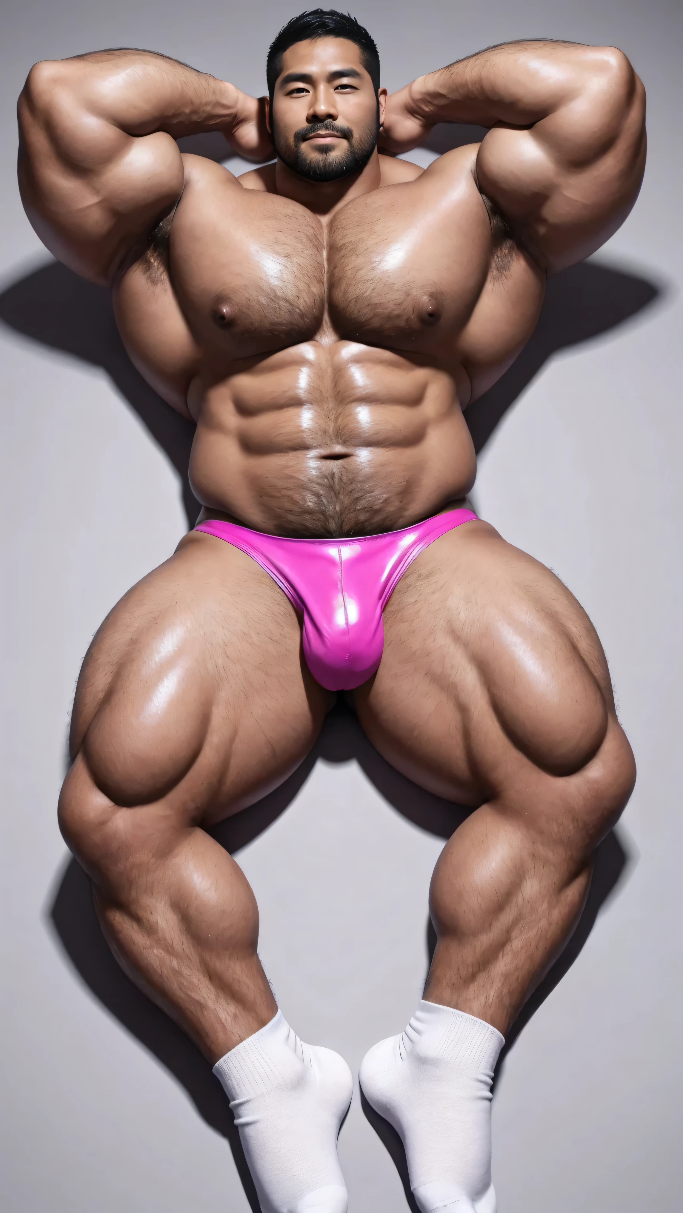 There is only one handsome Asian actor in the photo，35 years old，High target, Fitness，short hair, O-Shaped Beard，Perfect body, Dark skin color，Radiant Skin，Smooth skin，Shiny, shiny skin，Smooth pectoral muscles，No  hair，No body hair，Muscle bulge, muscular, Very large pectoral muscles，Very  abdominal muscles，Very well-developed leg muscles，Huge concave and convex area，Brightens oily skin，Wearing a pink leather shiny thong，Handsome face， Correct and accurate male body proportions, Wear white socks，Lying on gray background。
