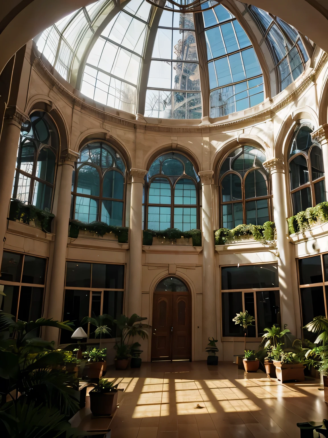 Interior of an enormous glass winter garden with a dome