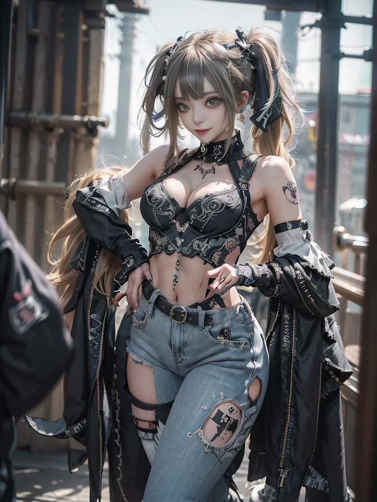(Full Body View:1.4)、(Side view:1.1)、(Smiling with teeth showing:1.3),(Shibuya Gal:1.5)、(Gothic ta style fashion:1.5)、(Punk RockVisual Kei:1.5)、(Wearing a rhythmic gymnastics bodysuit with intricate details:1.4)、(Racing suit and pants with intricate decorations in white, denim and charcoal:1.5)、(Denim and light blue and white boots:1.3)、((belt))、(Numerous delicate logo marks all over the costume:1.4)、(collar:1.3)、(Striped underwear:1.5)、20-year-old、NSFW、((Highest quality、In 8K、masterpiece:1.3))、Sharp focus:1.2、(Layered Cut、Huge boobs:1.1),Beautiful woman with perfect figure:1.4、(Dancing vigorously:1.3)、Slender Abs:1.2、Highly detailed face and skin texture、Detailed eyes、double eyelid,(Twin tails:1.3)、(Brown-golden hair:1.3)、Gravure idol、(The background is a dance carnival:1.3)、(Slim body:1.3),(Make your legs thinner:1.4),(clavicle:1.1)、(Thin and slim thighs:1.3)