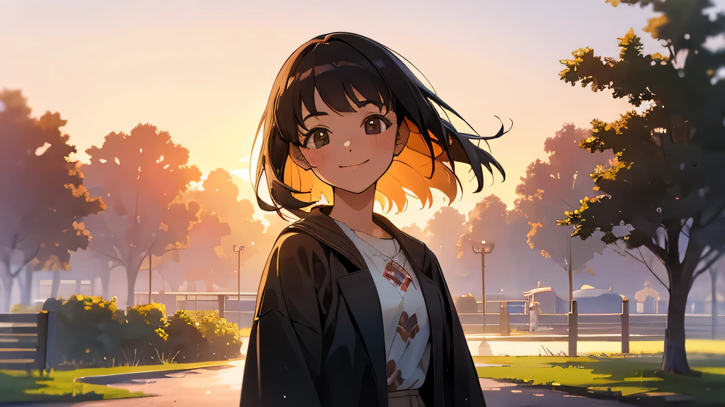 Please depict a young girl smiling in a nostalgic rural park during sunset.
