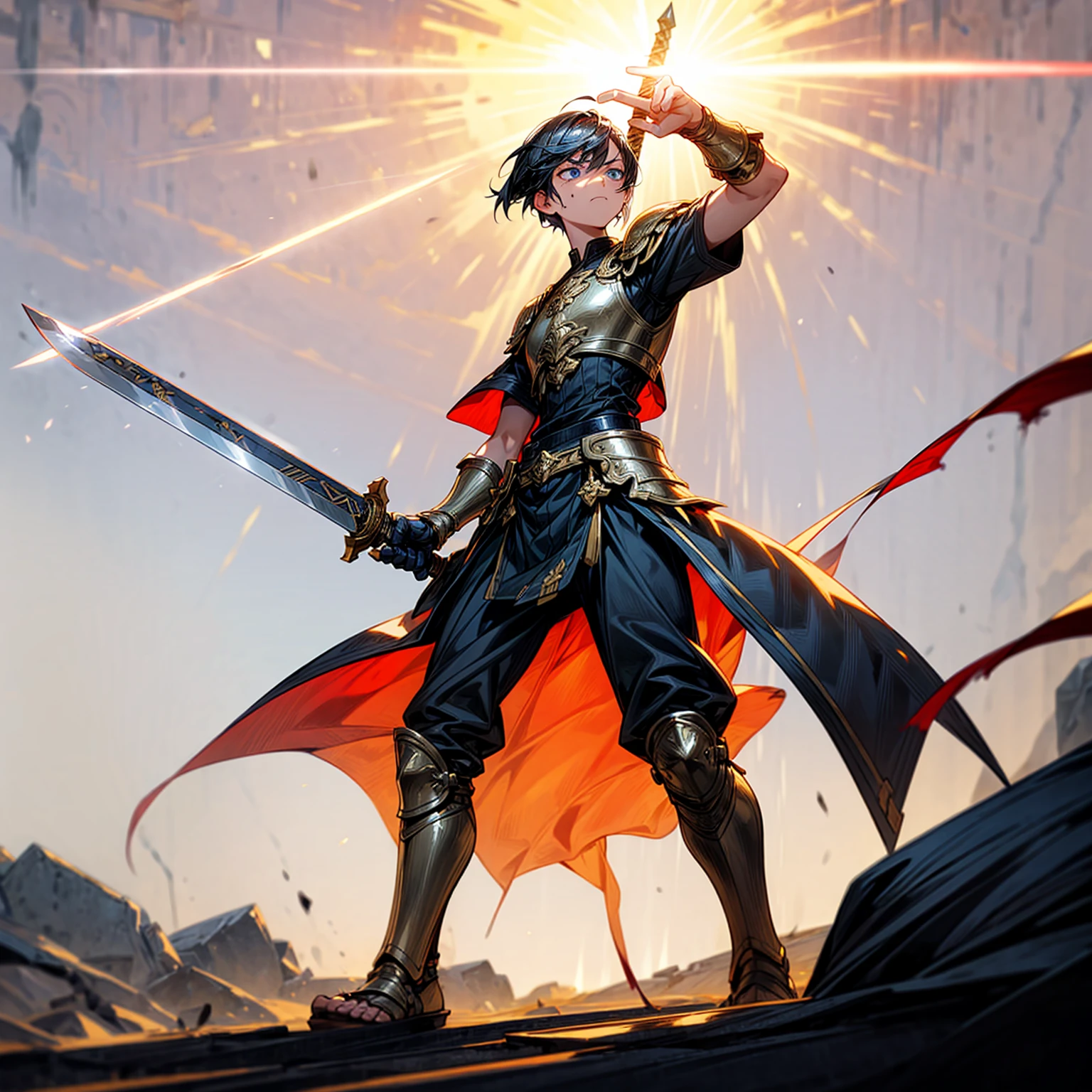1boys, Full body version, blue eyes, undercut hair, black colour hair, very angry expression, gladiator clothing, short sleeve shirt, gladiator skirt, gold armor body, bodybelt, gladiator sandals, Spatha sword in hand, (war gesture), Grassroots background in war, smoke, silhouette of sunlight, glare of sunlight behind, blood on face, blood on armor, blood on hand, full of background light, fire, burning fire