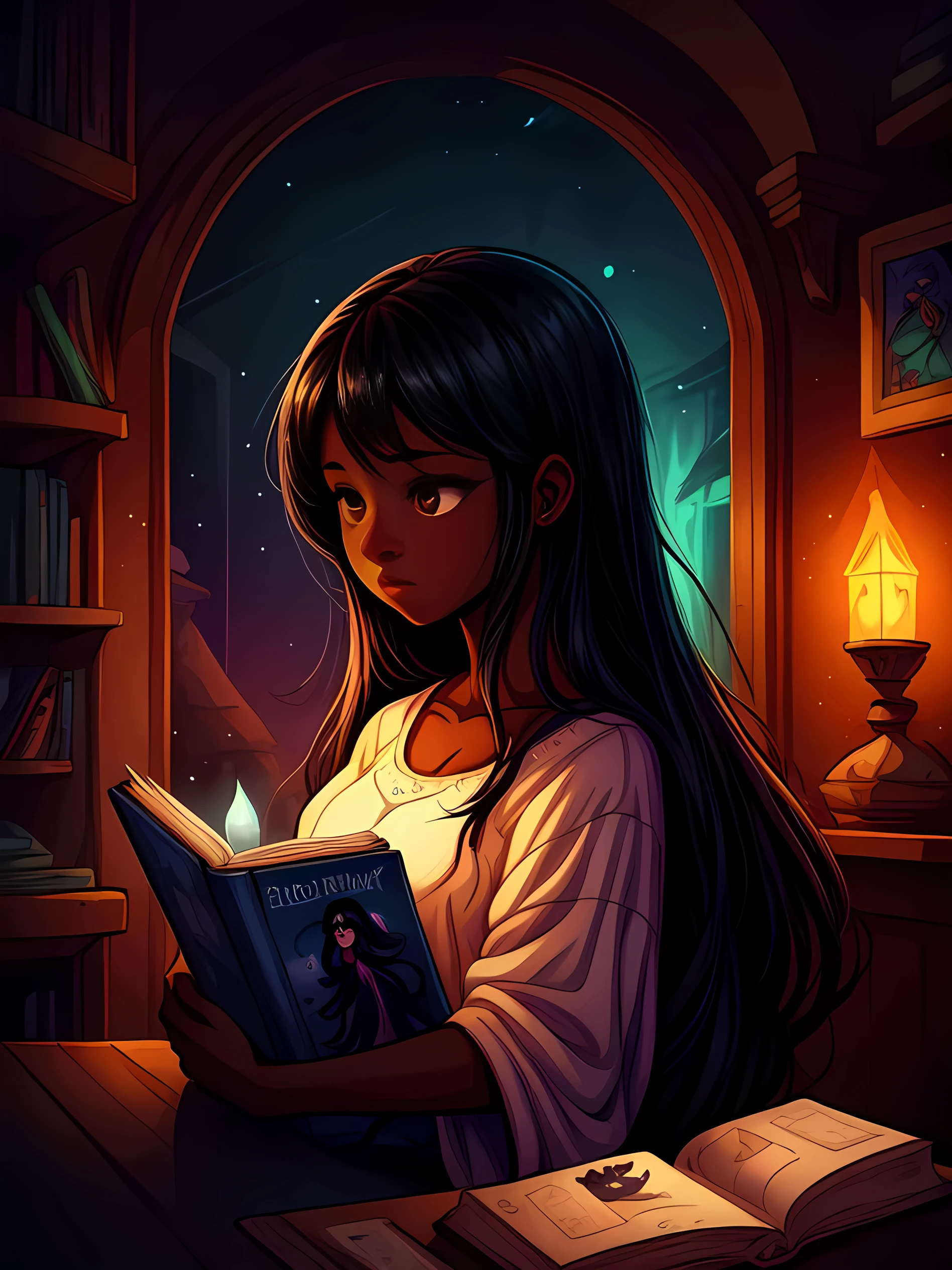 A beautiful girl with dark skin and long black hair, a cute semi-transparent ghost, children's book style, graphic novel concept art, raw style, ultra-detailed, masterpiece, 8k, high quality, vivid colors, soft lighting, warm tones, magical realism