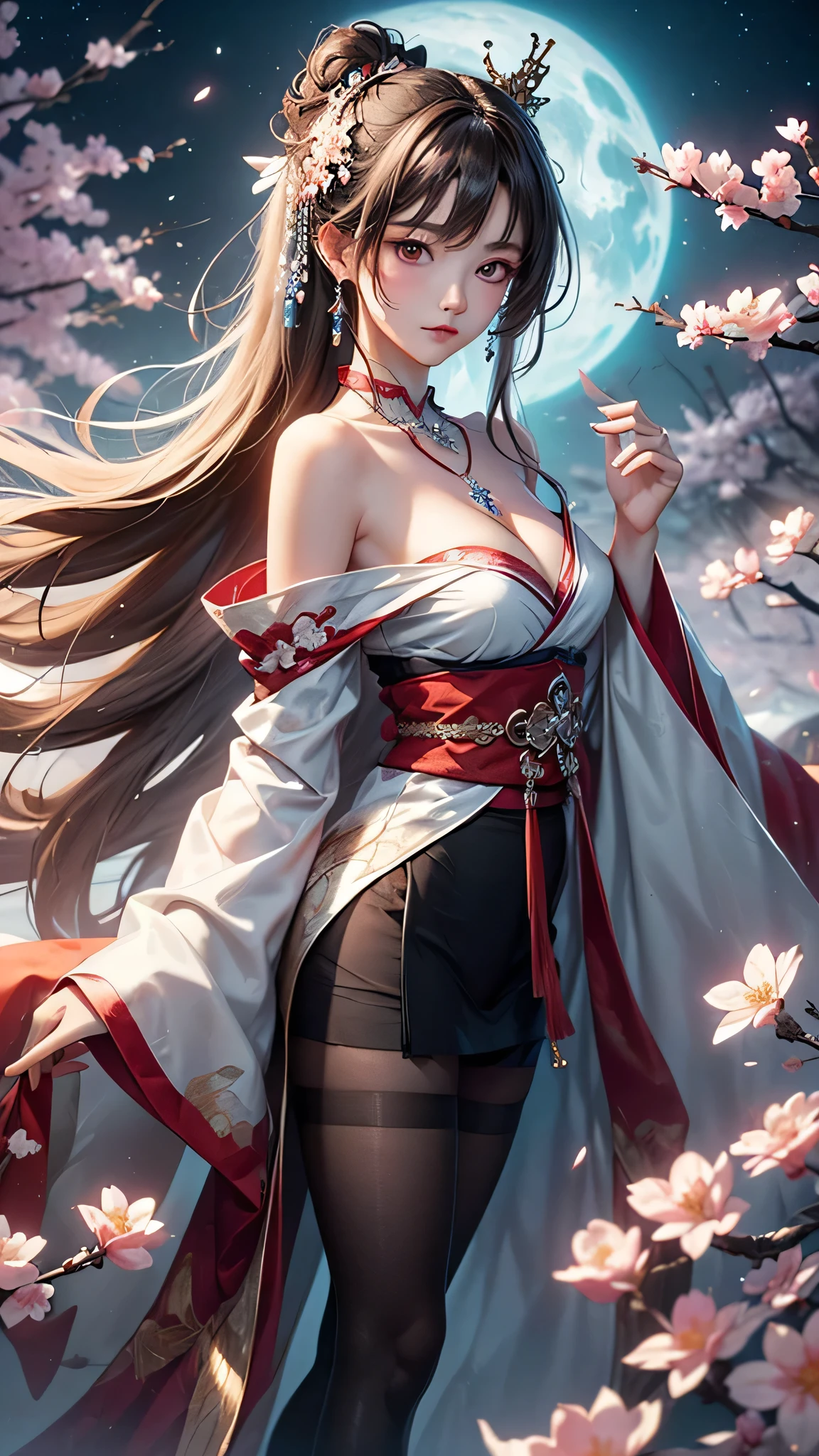 (masterpiece:1.5, Highest quality, Very detailed、 Dutch Angle、Semi-realistic、Fantasy)(One Girl, alone)(Silver Hair:1.4,,Straight Long Hair)(Wearing Han clothes, Royalty、White and red Hanfu:1.6,Thick fabric,Long sleeve)、((Off the shoulder、medium breasts, Beautiful cleavage、ruby necklace))((Above the knee tights))(from side,cherry blossoms、dead tree、Mystical Night、Particles of light float around the woman、Fantasyのためのスペース)