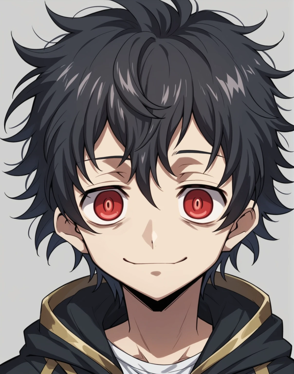 (high quality, Breathtakingly beautiful),(Expressive eyes, Perfect Face) 1人のmaleの子, male, alone, , teen age, maBlack Hair, Red eye color, Spiky fluffy hair, Medium Hair Length, Messy hair loss, Narrow eyes, Symmetrical eyes, Portraiture, Cute Smile, Gray background, Hair between the eyes, White shirt, Black hooded jacket with gold trim, The inside of the jacket is red,
