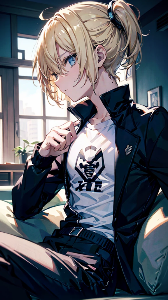 profile background, anime boy, serious face, blond hair, cyan eyes, gym body, detailed eyes and face, white shirt with a kanji in the middle, sitting on the sofa, in the living room, high-res portrait, character, fantasy, 4K, high resolution