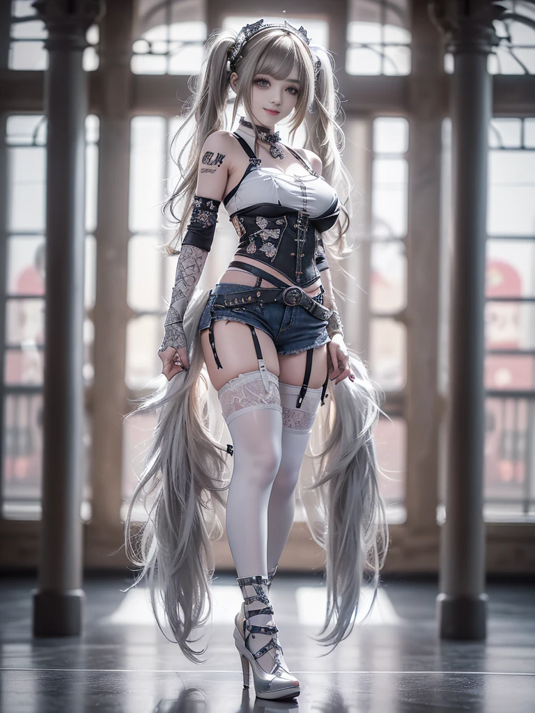 (Full body:1.5)、(Full body:1.2)、(Smiling with teeth showing:1.3),(Shibuya Gal:1.5)、(Neo-goth style fashion:1.5)、(Punk RockVisual Kei:1.4)、(Medieval noble gimp in denim and silver and white:1.5)、(Denim medieval white arm covers and garter shorts:1.5)、(White denim high heels:1.3)、(Wearing silver accessories:1.5)、(Denim collar:1.4)、(White leather garter belt:1.4)、(Brown Skin Belt:1.3)、(White lace underwear:1.5)、20-year-old、NSFW、((Highest quality、In 8K、masterpiece:1.3))、Sharp focus:1.2、(Layered Cut、Huge boobs:1.1),Beautiful woman with perfect figure:1.4、(Dancing vigorously:1.3)、Slender Abs:1.2、Highly detailed face and skin texture、Detailed eyes、double eyelid,(Twin tails:1.3)、(Brown-golden hair:1.3)、Gravure idol、(The background is a VIP room of a high-class cabaret club surrounded by roses on a sunny day outdoors.:1.3)、(Slim body:1.3),(Make your legs thinner:1.4),（clavicle:1.1）