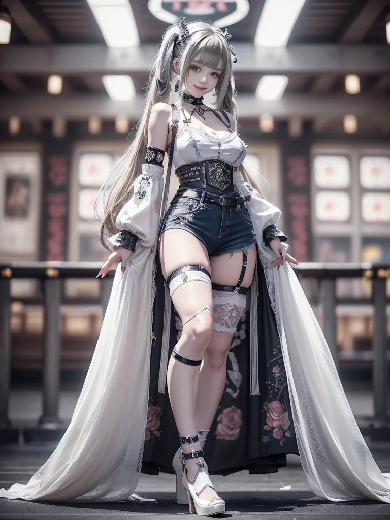 (Full body:1.5)、(Full body:1.2)、(Smiling with teeth showing:1.3),(Shibuya Gal:1.5)、(Neo-goth style fashion:1.5)、(Punk RockVisual Kei:1.4)、(Medieval noble gimp in denim and silver and white:1.5)、(Denim medieval white arm covers and garter shorts:1.5)、(White denim high heels:1.3)、(Wearing silver accessories:1.5)、(Denim collar:1.4)、(White leather garter belt:1.4)、(Brown Skin Belt:1.3)、(White lace underwear:1.5)、20-year-old、NSFW、((Highest quality、In 8K、masterpiece:1.3))、Sharp focus:1.2、(Layered Cut、Huge boobs:1.1),Beautiful woman with perfect figure:1.4、(Dancing vigorously:1.3)、Slender Abs:1.2、Highly detailed face and skin texture、Detailed eyes、double eyelid,(Twin tails:1.3)、(Brown-golden hair:1.3)、Gravure idol、(The background is a VIP room of a high-class cabaret club surrounded by roses on a sunny day outdoors.:1.3)、(Slim body:1.3),(Make your legs thinner:1.4),（clavicle:1.1）