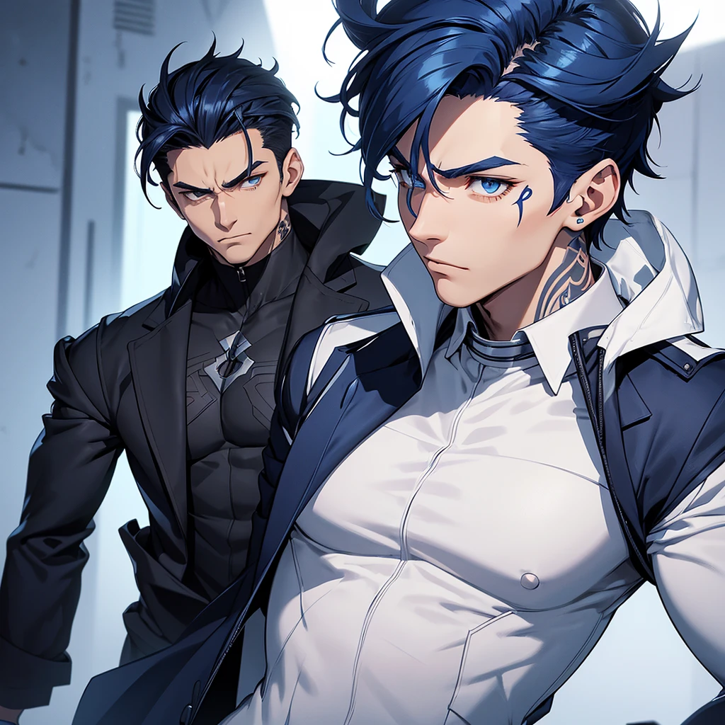 male character. strong. dark blue hair. he has lines on his body. Your face is serious. The scenario should be futuristic. he wears a white dress shirt with a jacket over it. he also has blue tattoos on his body