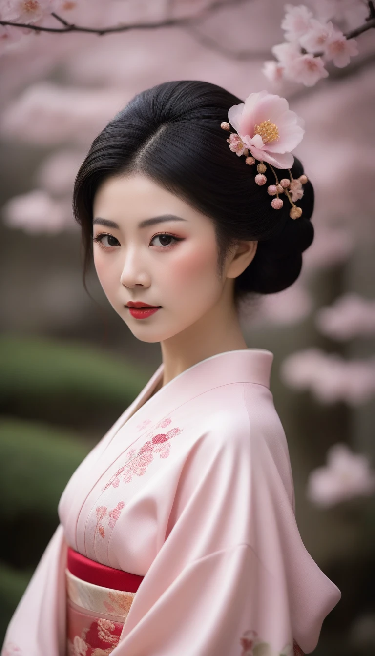 A tasteful full-body photograph of a geisha with a serene, slightly smiling face. Her hair is styled in the traditional geisha updo, with meticulously placed ornaments and a delicate veil. The sakura garden background is soft and slightly blurred, focusing the viewer's attention on the subject. The overall atmosphere of the image is calm, elegant, and respectful.