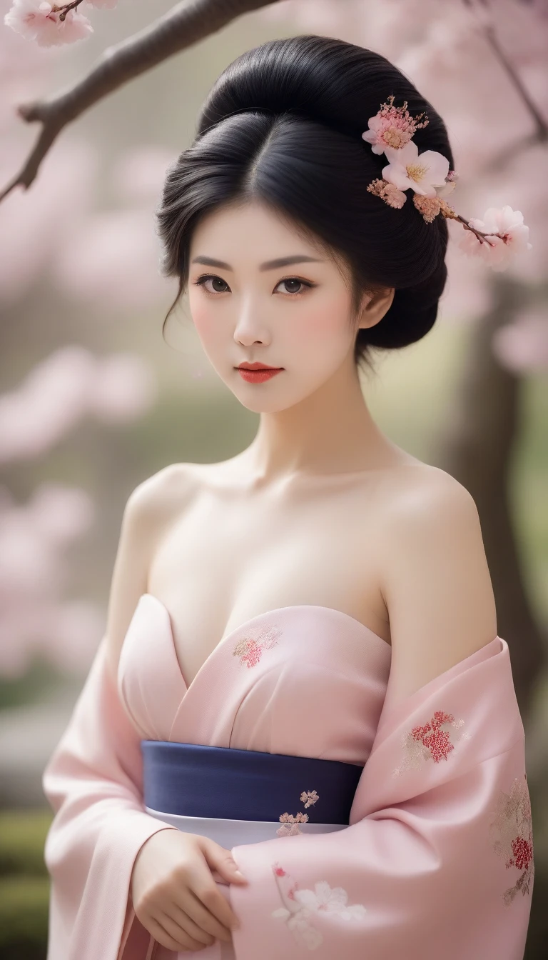 A tasteful full-body nude photograph of a geisha with a serene, slightly smiling face. Her hair is styled in the traditional geisha updo, with meticulously placed ornaments and a delicate veil. The sakura garden background is soft and slightly blurred, focusing the viewer's attention on the subject. The overall atmosphere of the image is calm, elegant, and respectful.