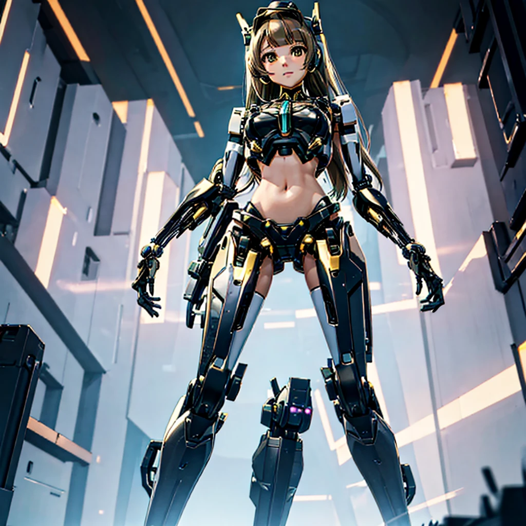 masterpiece, high quality, Gynoid Cyborg Body、The face is Minami Kotori、Minami Kotori, who has been remodeled into a girl-type mechanical body、Mecha Cyborg Girl、Single, frontal composition、Single image、from front, full body、Arms and legs wide open、Black Background