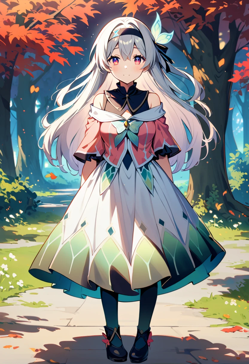firefly \(Collapse: Star Trails\),1 Girl,Solitary,(Pink off-the-shoulder dress :1.5), (Silver long hair:1.5) ，Black _ Headband, X-Shape _ Eyebrow, Headband, Polyolefins _ hair, Bangs, Bare shoulders, full-body shot, White, White高跟鞋, outdoor, Red Maple Forest，