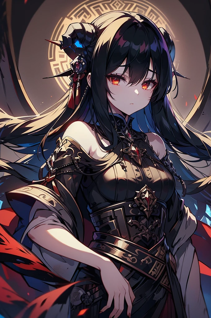 A luminous, enigmatic eldritch vampire, every brushstroke exudes an otherworldly allure: ethereal shimmering skin, cascading inky black hair, and piercing crimson eyes that seem to glow from within the painting. The watercolor image captures the essence of the vampire's supernatural beauty, with a haunting yet mesmerizing quality that draws viewers in. The vivid colors and intricate details showcase the skill of the artist, creating a striking and memorable portrayal of this mythical creature.