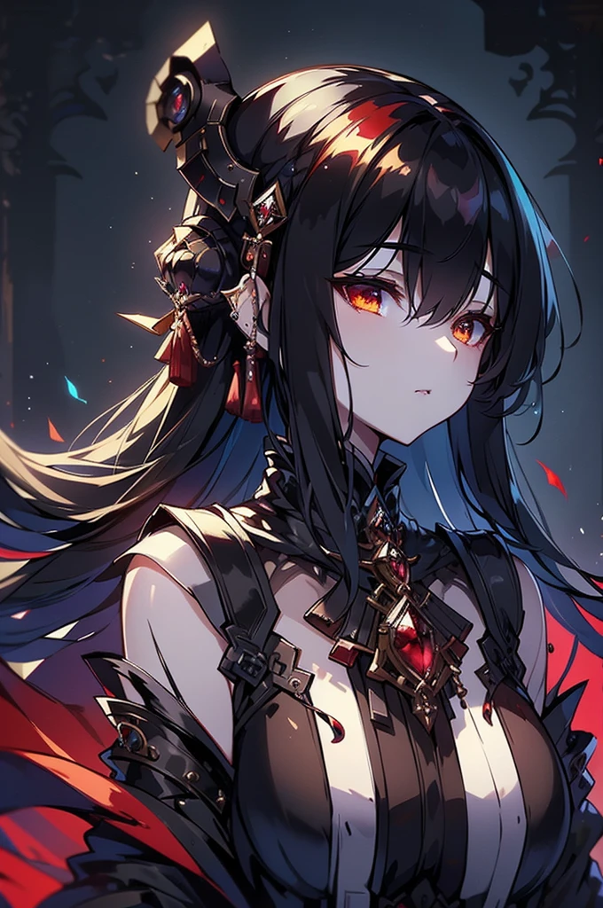 A luminous, enigmatic eldritch vampire, every brushstroke exudes an otherworldly allure: ethereal shimmering skin, cascading inky black hair, and piercing crimson eyes that seem to glow from within the painting. The watercolor image captures the essence of the vampire's supernatural beauty, with a haunting yet mesmerizing quality that draws viewers in. The vivid colors and intricate details showcase the skill of the artist, creating a striking and memorable portrayal of this mythical creature.