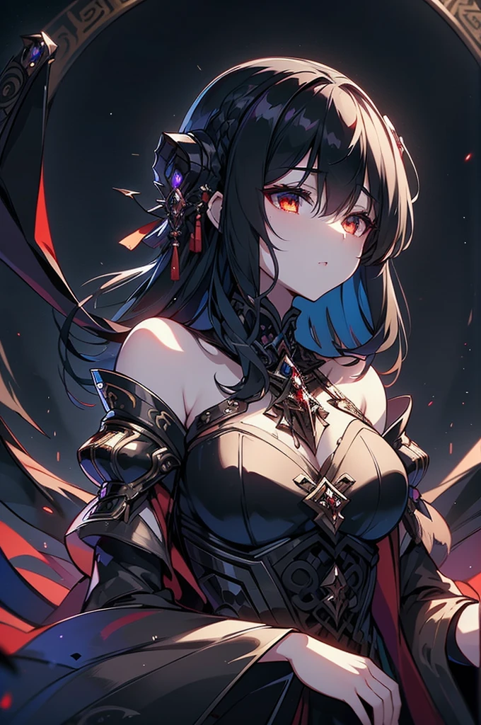 A luminous, enigmatic eldritch vampire, every brushstroke exudes an otherworldly allure: ethereal shimmering skin, cascading inky black hair, and piercing crimson eyes that seem to glow from within the painting. The watercolor image captures the essence of the vampire's supernatural beauty, with a haunting yet mesmerizing quality that draws viewers in. The vivid colors and intricate details showcase the skill of the artist, creating a striking and memorable portrayal of this mythical creature.