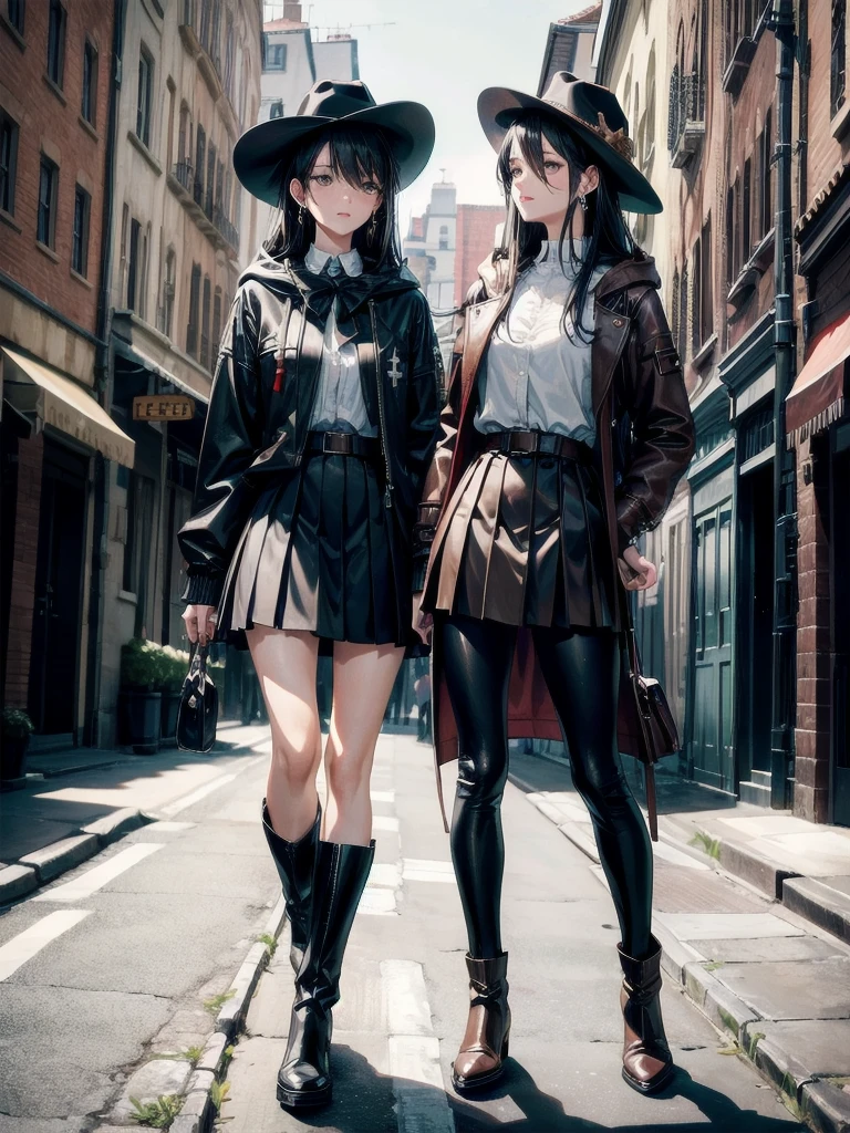 absurdres, RAW photo, extremely delicate and beautiful, masterpiece, Best Quality, ultra high resolution, 32k, hyperrealistic, ultra-detailed, in her 20s, delicate facial features, tearful mole, earring, medium breasts, full body shot, shorter middle hair, black hair, School_uniform, Skirt, cool cowgirl, fantasy adventurer, cowboy hat, decorated hooded armor jacket, cross belt, Brown leather pants, Red leather long boots,