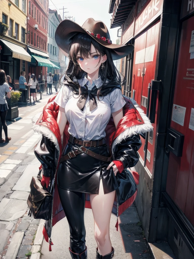absurdres, RAW photo, extremely delicate and beautiful, masterpiece, Best Quality, ultra high resolution, 32k, hyperrealistic, ultra-detailed, in her 20s, delicate facial features, tearful mole, earring, medium breasts, full body shot, shorter middle hair, black hair, School_uniform, Skirt, cool cowgirl, fantasy adventurer, cowboy hat, decorated hooded armor jacket, cross belt, Brown leather pants, Red leather long boots,