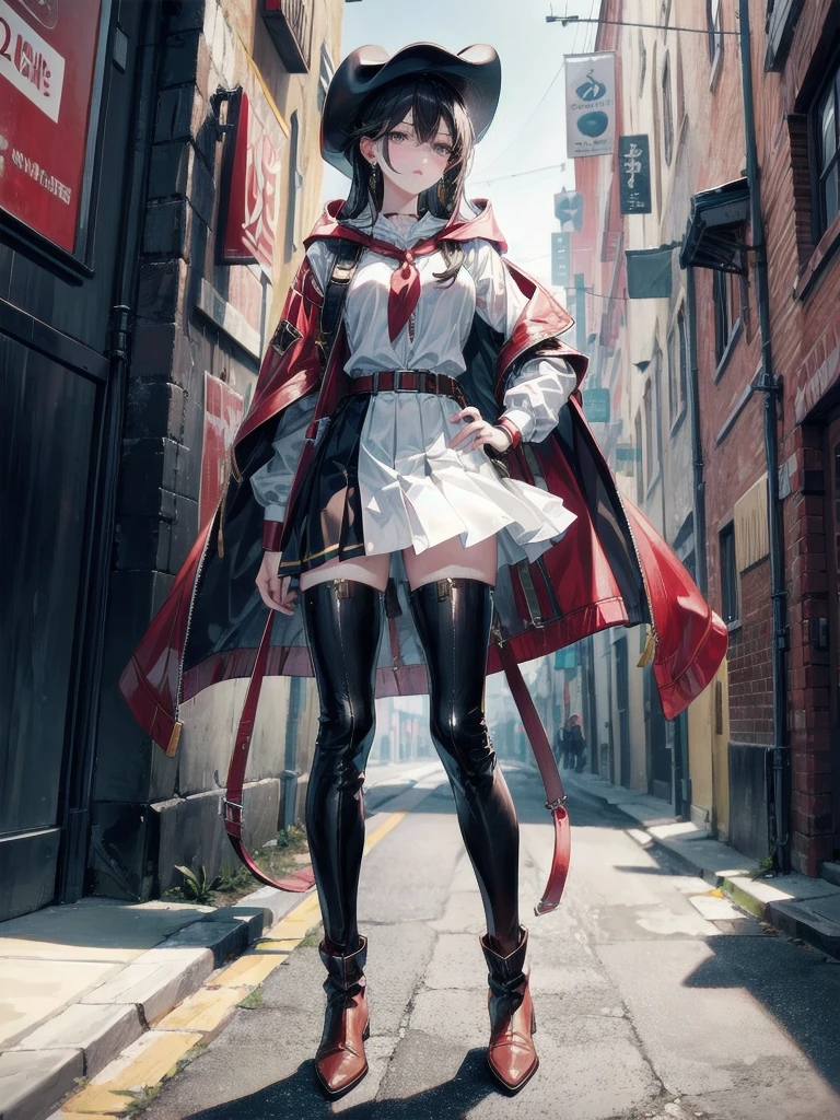 absurdres, RAW photo, extremely delicate and beautiful, masterpiece, Best Quality, ultra high resolution, 32k, hyperrealistic, ultra-detailed, in her 20s, delicate facial features, tearful mole, earring, medium breasts, full body shot, shorter middle hair, black hair, School_uniform, Skirt, cool cowgirl, fantasy adventurer, cowboy hat, decorated hooded armor jacket, cross belt, Brown leather pants, Red leather long boots,