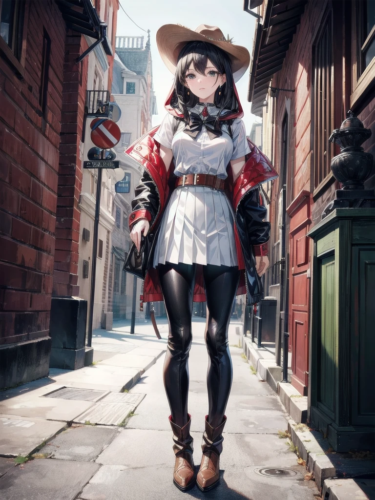 absurdres, RAW photo, extremely delicate and beautiful, masterpiece, Best Quality, ultra high resolution, 32k, hyperrealistic, ultra-detailed, in her 20s, delicate facial features, tearful mole, earring, medium breasts, full body shot, shorter middle hair, black hair, School_uniform, Skirt, cool cowgirl, fantasy adventurer, cowboy hat, decorated hooded armor jacket, cross belt, Brown leather pants, Red leather long boots,