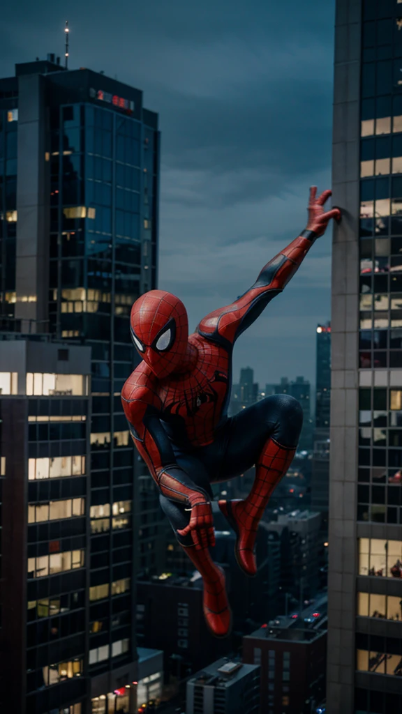 A 3 year old Spider Man boy without a head covering is flying through buildings , background of buildings at night, real photo, professional photo, realistic photo, clear photo, full HD, 4k 
