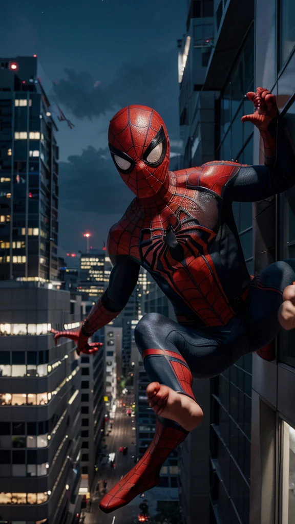 A 3 year old Spider Man boy without a head covering is flying through buildings , background of buildings at night, real photo, professional photo, realistic photo, clear photo, full HD, 4k 