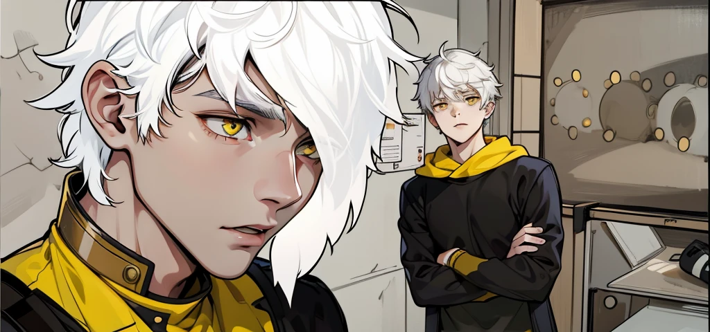 There are two cute young men, 18 years old, white hair and yellow eyes, they are talking, worried, thoughtful.