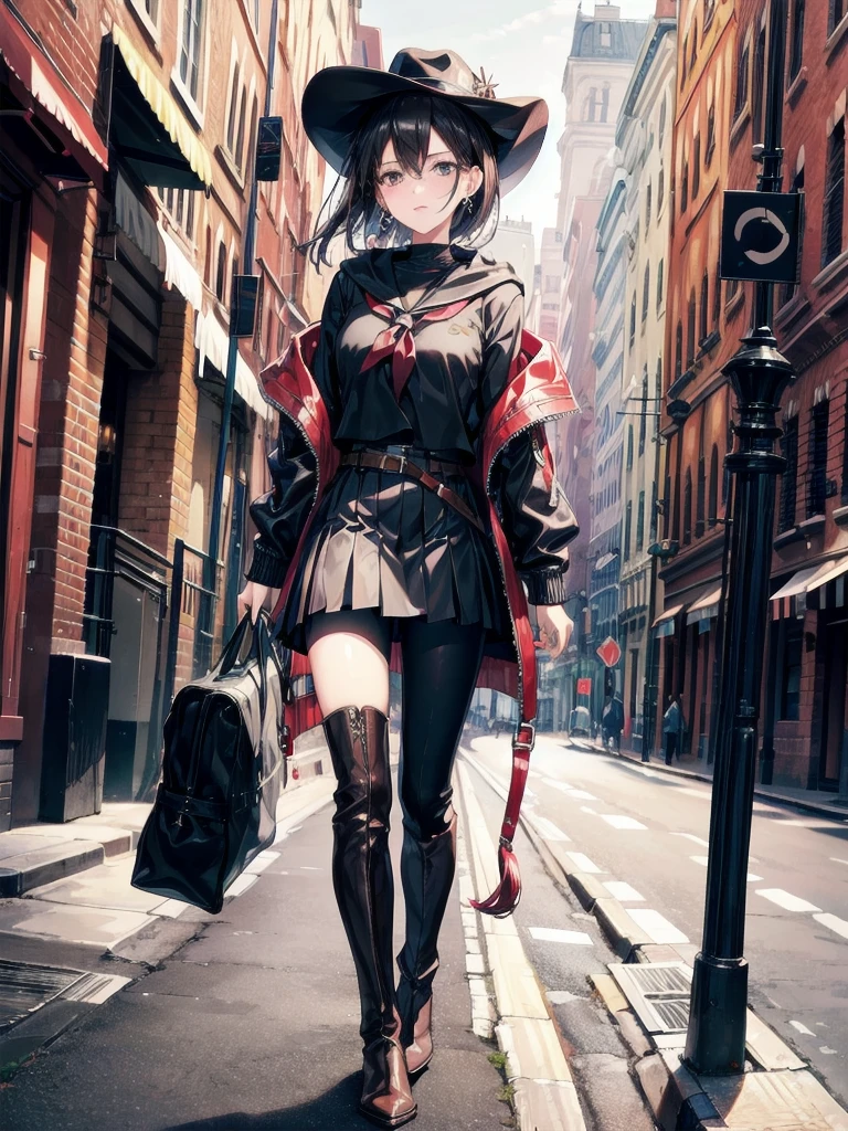 absurdres, RAW photo, extremely delicate and beautiful, masterpiece, Best Quality, ultra high resolution, 32k, hyperrealistic, ultra-detailed, in her 20s, delicate facial features, tearful mole, earring, medium breasts, full body shot, shorter middle hair, black hair, School_uniform, Skirt, cool cowgirl, fantasy adventurer, cowboy hat, decorated hooded armor jacket, cross belt, Brown leather pants, Red leather long boots,
