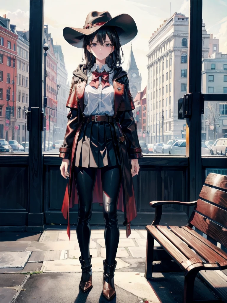 absurdres, RAW photo, extremely delicate and beautiful, masterpiece, Best Quality, ultra high resolution, 32k, hyperrealistic, ultra-detailed, in her 20s, delicate facial features, tearful mole, earring, medium breasts, full body shot, shorter middle hair, black hair, School_uniform, Skirt, cool cowgirl, fantasy adventurer, cowboy hat, decorated hooded armor jacket, cross belt, Brown leather pants, Red leather long boots,