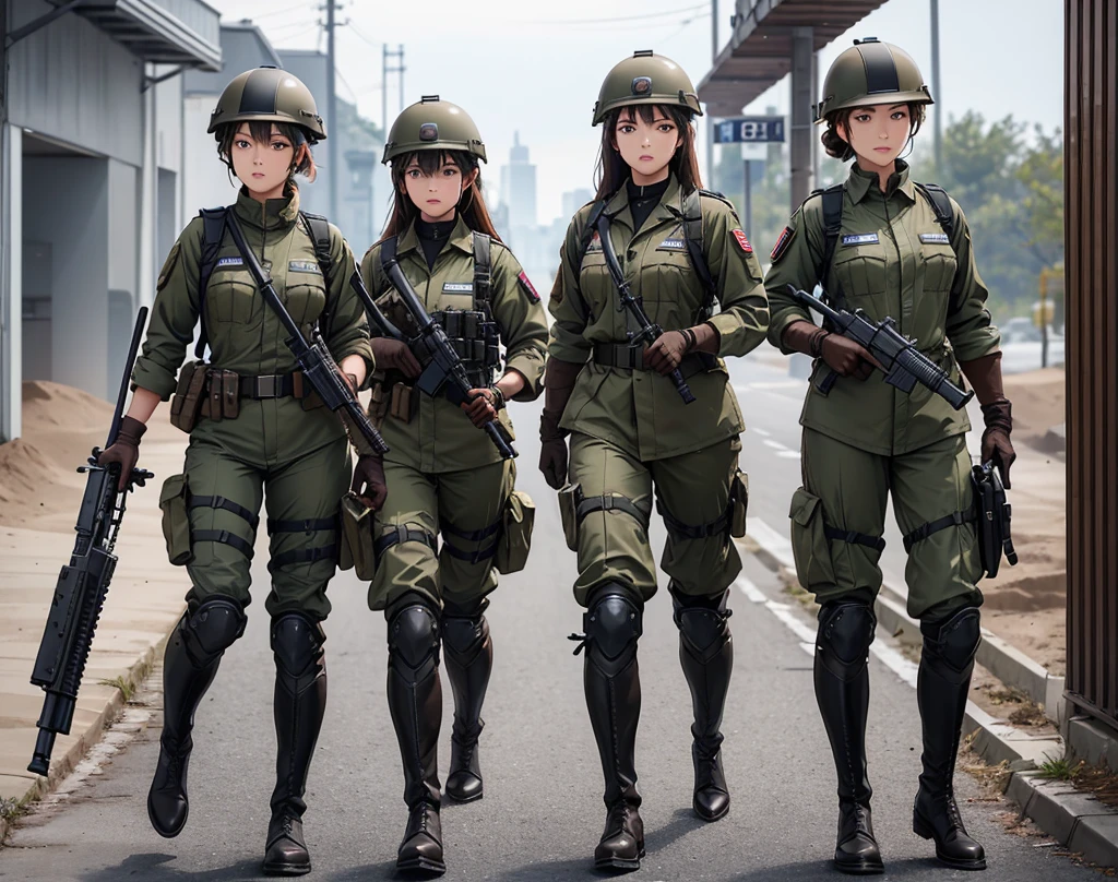 A group of female soldiers patrolling with guns、Wearing dark brown M-51 military uniform、Wear a steel helmet、Brown diagonal shoulder strap、Gloves、Riding boots、best quality、laboratory、Highly detailed CG、8K picture quality