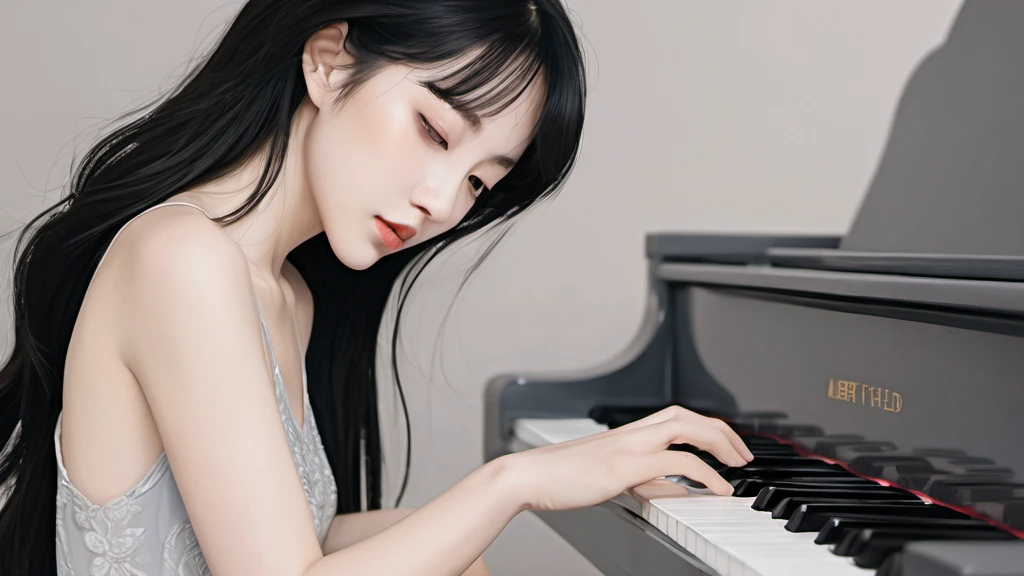 xxmixgirl,,Jing-Hao Zhang style, dark gray and light black, 8K resolution, Miho Hirano, character caricature, Albert Edelfeldt, playing the piano
