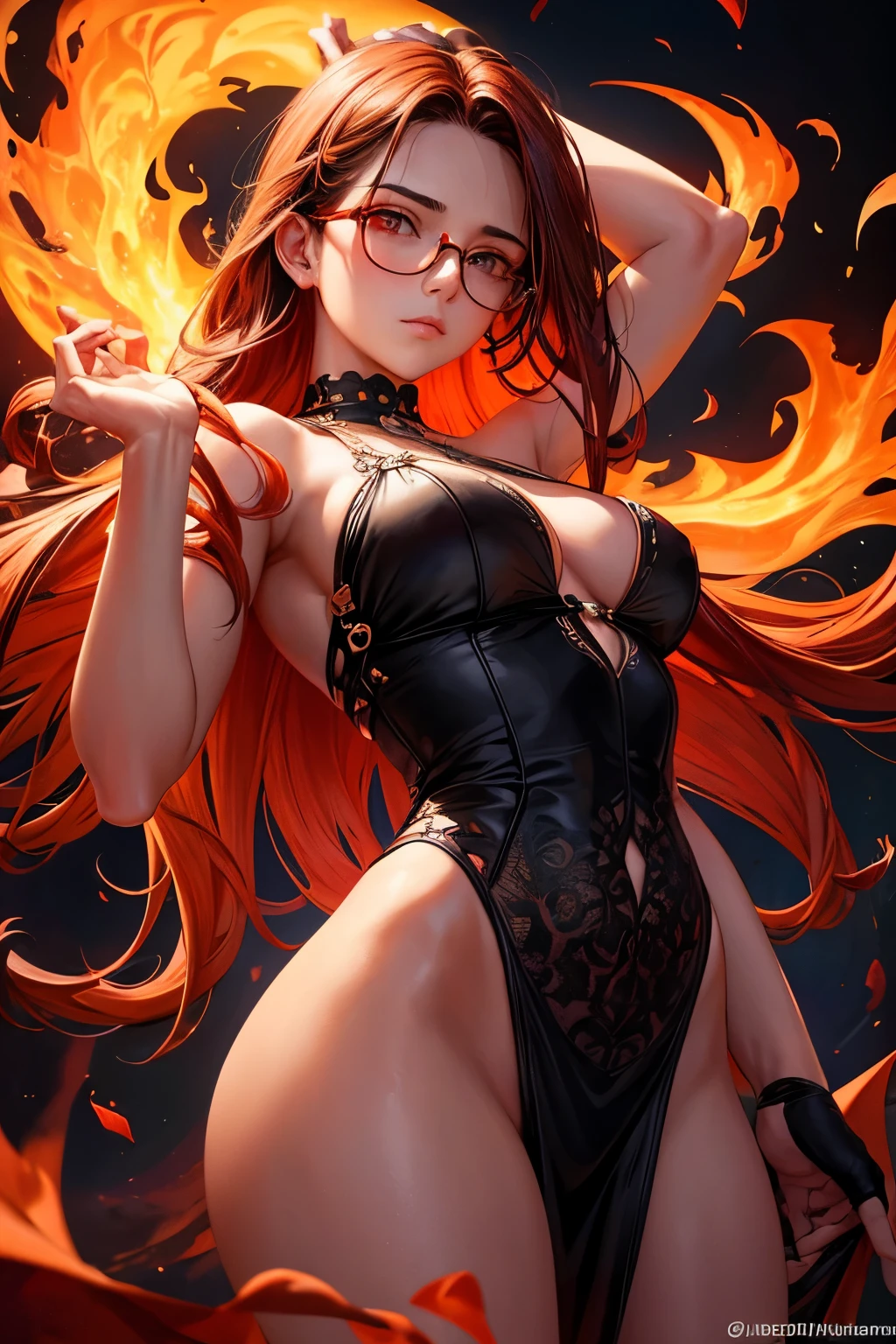 In this exquisitely detailed and realistic image, a mid-twenties girl with short, intricately woven hair and glasses embodies a strong sense of self-realization. Her facial expression is intense, showcasing a profound sense of power and depth that seems to leap off the canvas. Her red-hued hands are spread wide as if grasping the very essence of her emotions, with the wind gently tousling her hair and playing with the edges of her glasses. The flames surrounding her add an aesthetic appeal, their intense orange and red hues contrasting with the dark colors of her hair and outfit.

The background is drenched in dark lighting, creating a mystical and atmospheric atmosphere.