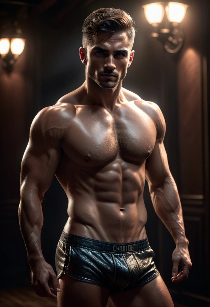 (full body) (seductive muscular shirtless man,extremely detailed face,beautiful detailed eyes,beautiful detailed lips,highly detailed skin,chiaroscuro lighting,dramatic lighting,cinematic lighting,moody lighting,dramatic pose,cinematic composition,photorealistic,hyper detailed,high quality,8k,award winning)