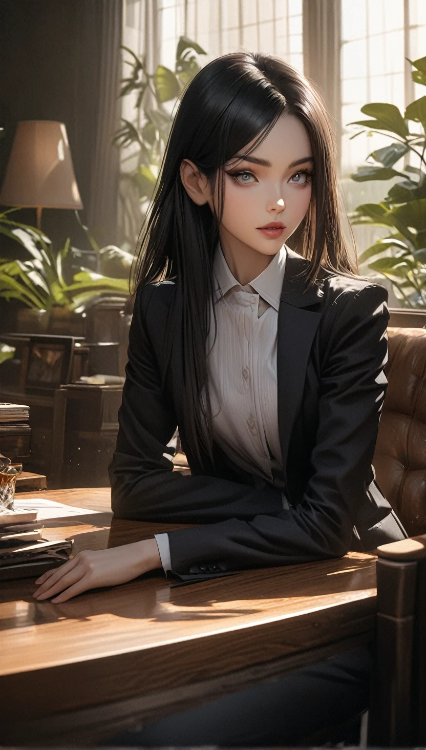 (table top, digital art, digital illustration, 4K, 8K, super detailed, beautiful images, clear image, realistic, RAW photo, perfect face, perfect lines, perfect eyes, soft lighting) 1 female, (long black hair,straight hair,Bullish gaze,beautiful woman,Solid makeup,23 year old female,small breasts:1.3),secretary, Two handsome men in suits, (human,Men in suits,muscular,Firm shoulder width,adult male,boyish hairstyle,british gentleman's style,A man in his 30s with a cool expression,28-year-old man with bright smile:1.2),Bright Western-style room、couple dancing、light、country style、k pop dance、sense of rhythm