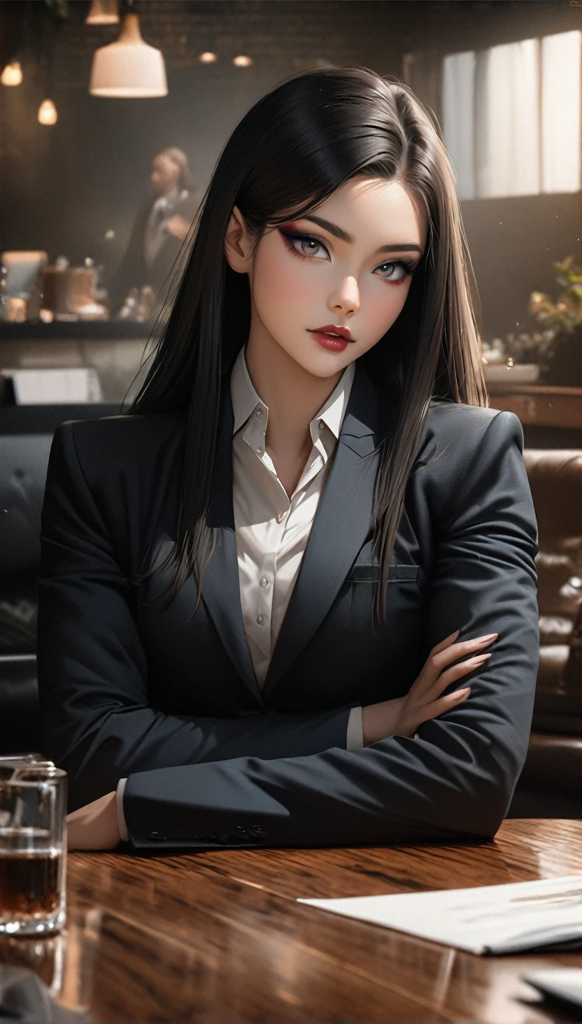 (table top, digital art, digital illustration, 4K, 8K, super detailed, beautiful images, clear image, realistic, RAW photo, perfect face, perfect lines, perfect eyes, soft lighting) 1 female, (long black hair,straight hair,Bullish gaze,beautiful woman,Solid makeup,23 year old female,small breasts:1.3),secretary, Two handsome men in suits, (human,Men in suits,muscular,Firm shoulder width,adult male,boyish hairstyle,british gentleman's style,A man in his 30s with a cool expression,28-year-old man with bright smile:1.2),Bright Western-style room、couple dancing、light、country style、k pop dance、sense of rhythm