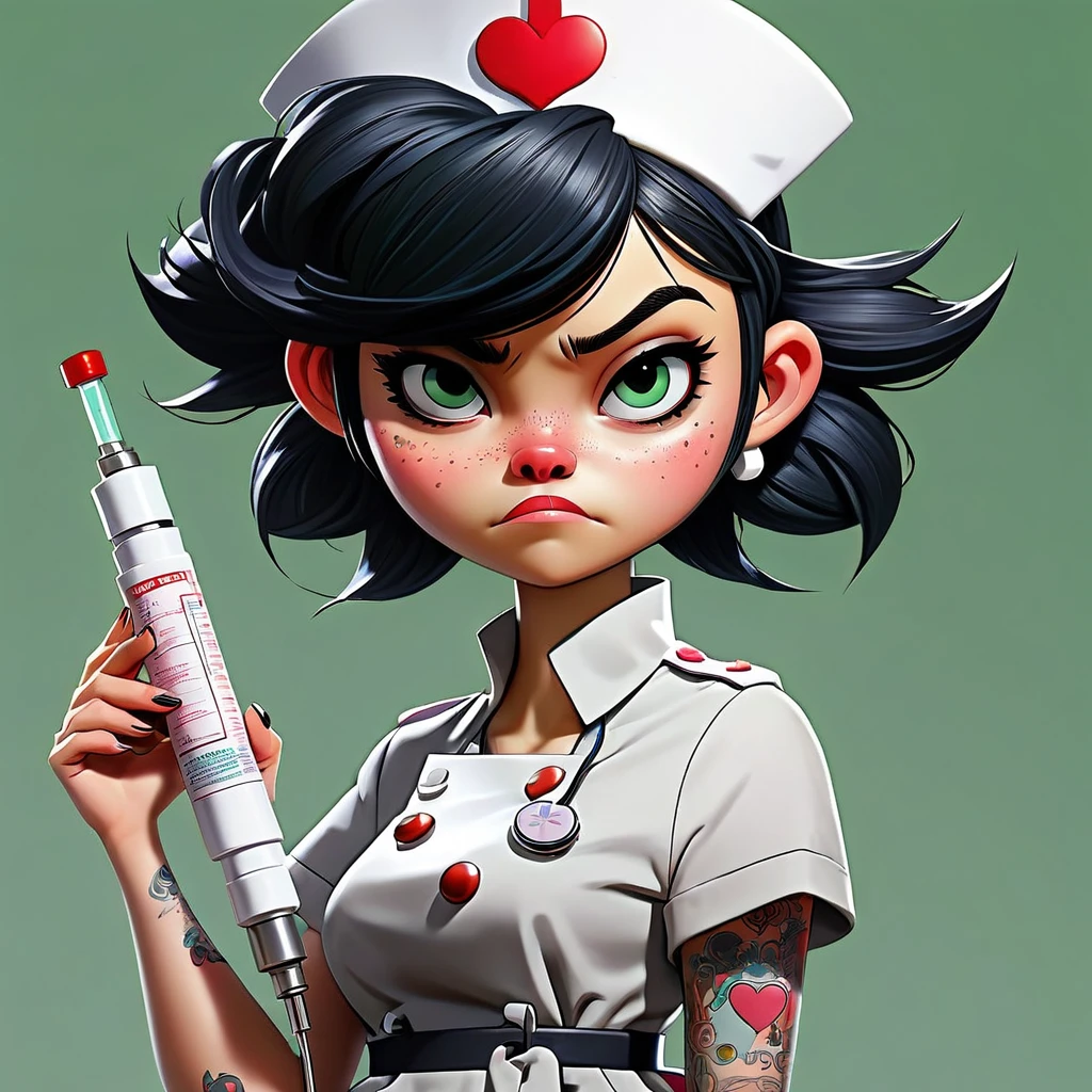 girl similar to gorillaz noodle, short black hair ((drawing)), ((anime girl nose)) ,Generate an anime-style artwork featuring a mischievous nurse with mint green hair in pigtails, wearing a white nurse cap with red crosses and a pink heart. She is dressed in a white nurse uniform adorned with colorful badges and pins, holding a large syringe with a gradient color. The nurse has tattoos on her arms, a band-aid on her cheek, and a chain around her right leg connected to a medi